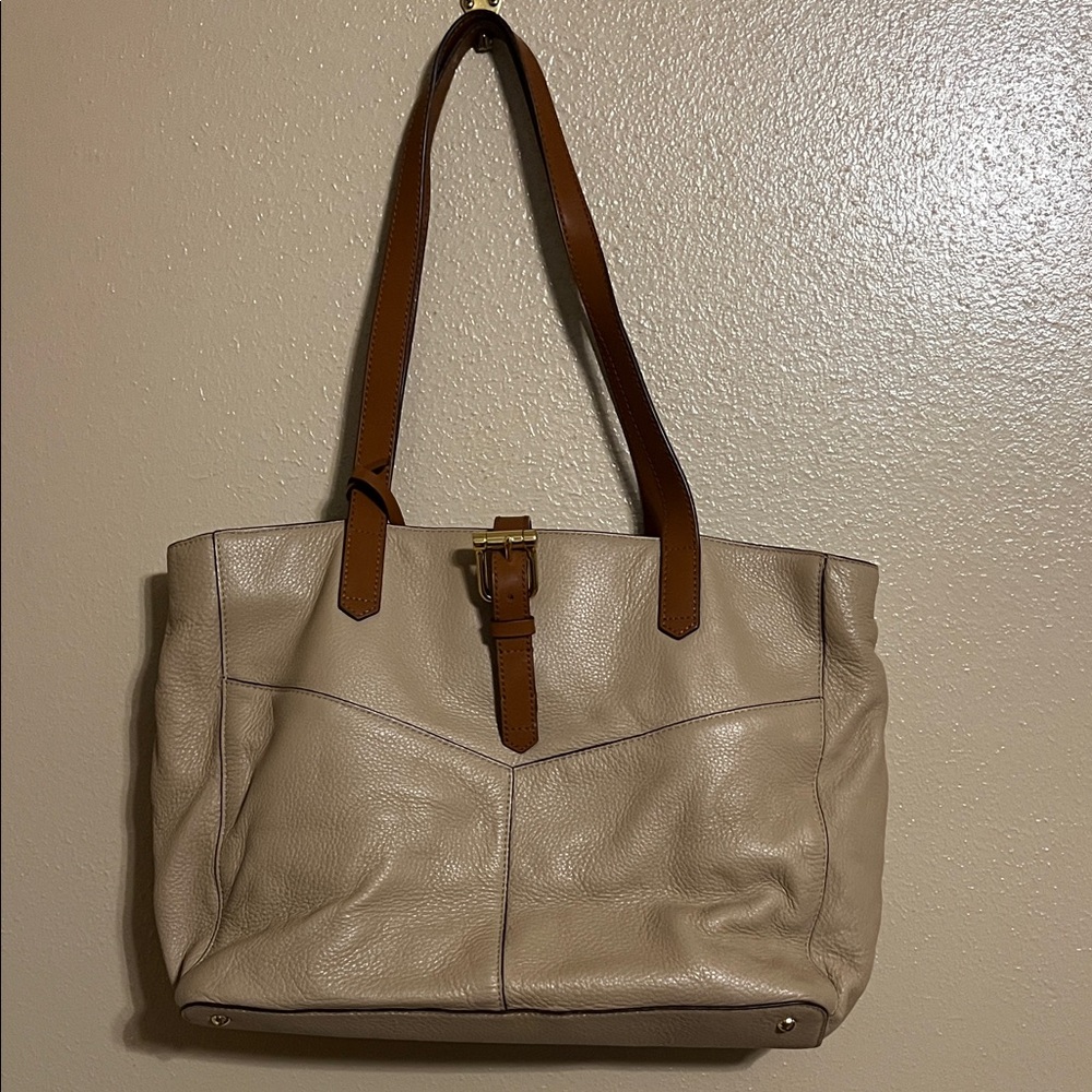Lauren Ralph Lauren Cream Shoulder Bag with Brown Straps